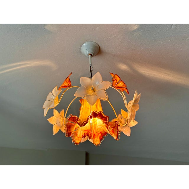 Amber Vintage Italian Murano Style Handblown Swirl Ruffled Shade Pendant, Vintage Amber Brown & White Glass Botanical Chandelier For Sale - Image 8 of 16