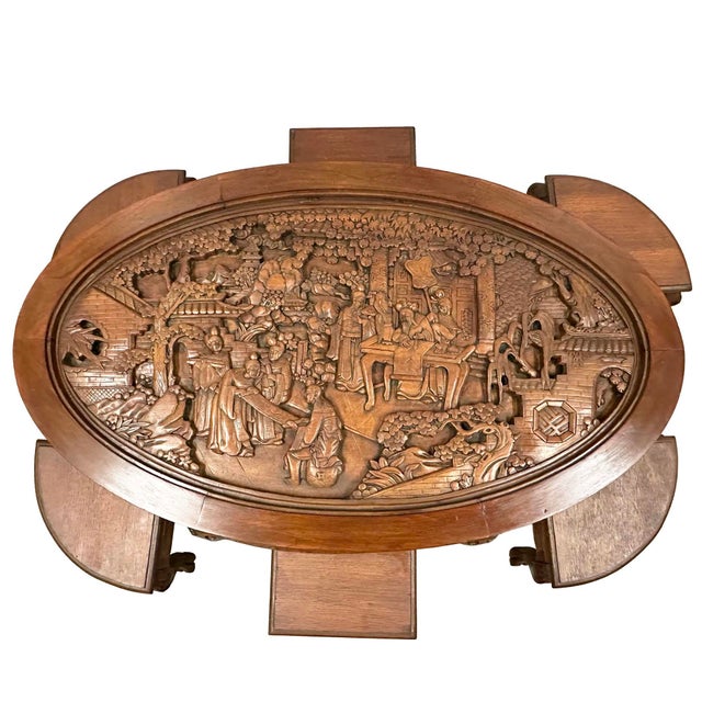 Mid-20th Century Chinese Massive Oval Carved Coffee Table With 6 Nesting Stools For Sale - Image 10 of 12