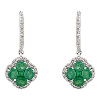 2.92Ct Zambian Emerald & Diamond Clover Dangle Drop Earrings in 14k Gold- A Pair For Sale