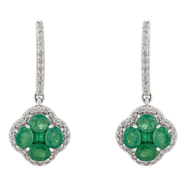 2.92Ct Zambian Emerald & Diamond Clover Dangle Drop Earrings in 14k Gold- A Pair For Sale