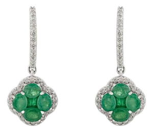 2.92Ct Zambian Emerald & Diamond Clover Dangle Drop Earrings in 14k Gold- A Pair