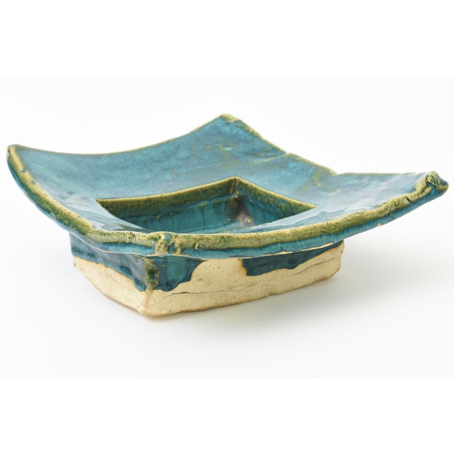 Ceramic Studio Signed Vintage Brutalist Ceramic Bowl Turquoise With Chartreuse Green For Sale - Image 7 of 12