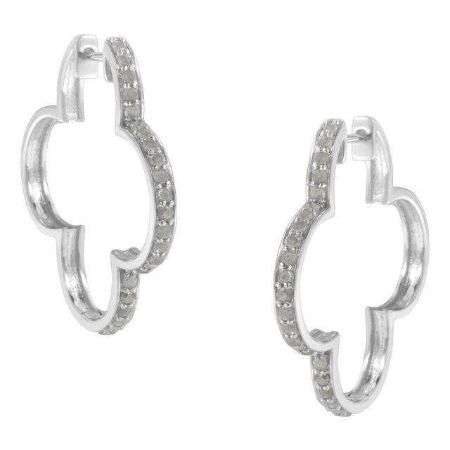 .925 Sterling Silver 1.0 cttw Diamond 4 Leaf Clover Shape Hoop Earrings(I-J Color, I3 Clarity) For Sale