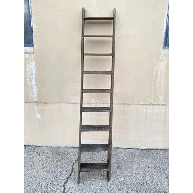 Antique French Rustic Primitive Green Distress Painted 103" Wooden Barn Ladder. Circa Mid 19th Century. Measurements: 103"...