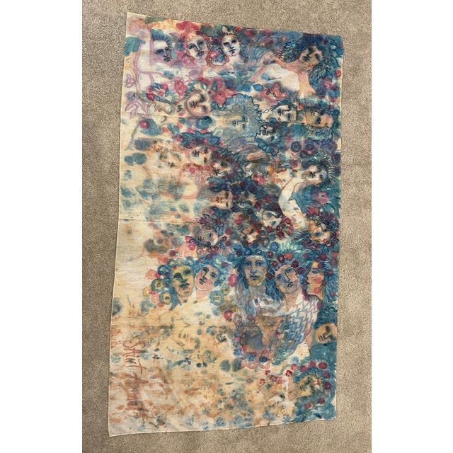Ethereal Watercolor Style, Crowd of Faces Decorative Textile Artwork signed Saint Amant. Subject Matter: The piece depicts...