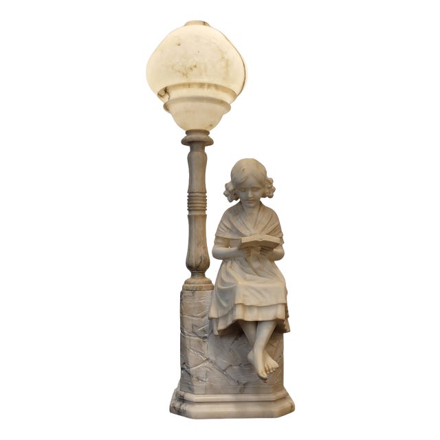 Early 20th Century Art Nouveau Girl Reading Table Lamp in Alabaster, Italy, 1920s For Sale