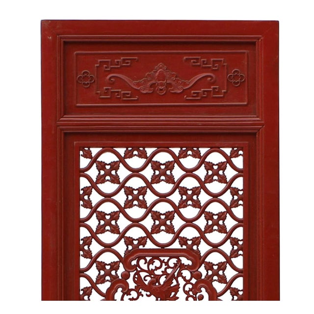 Chinese Chinese Red Paint Geometric Flower Bird Accent Narrow Floor Panel Headboard For Sale - Image 3 of 7