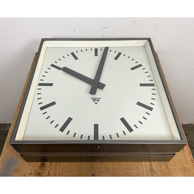 Large Industrial Square Double-Sided Factory Hanging Clock from Pragotron, 1970s For Sale - Image 12 of 15