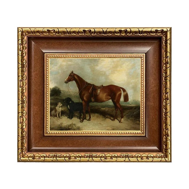 "Chestnut Horse With Two Dogs" Contemporary Reproduction Print on Canvas, Framed 16x14 For Sale - Image 4 of 4