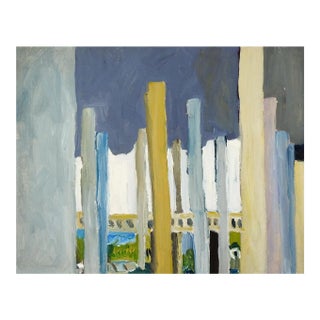 Vintage Abstract Structure Street View Gray & Mustard Painting For Sale