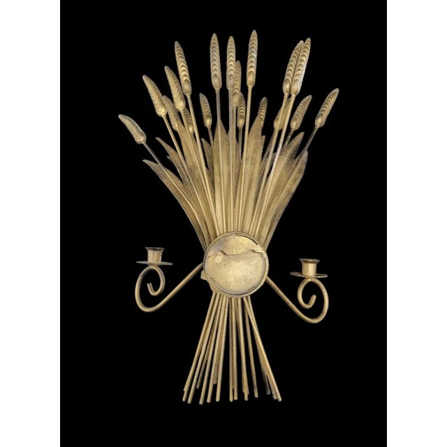 Vintage Metal Sheaf of Wheat Beige 2 Arm Candle Wall Holder For Sale In West Palm - Image 6 of 7