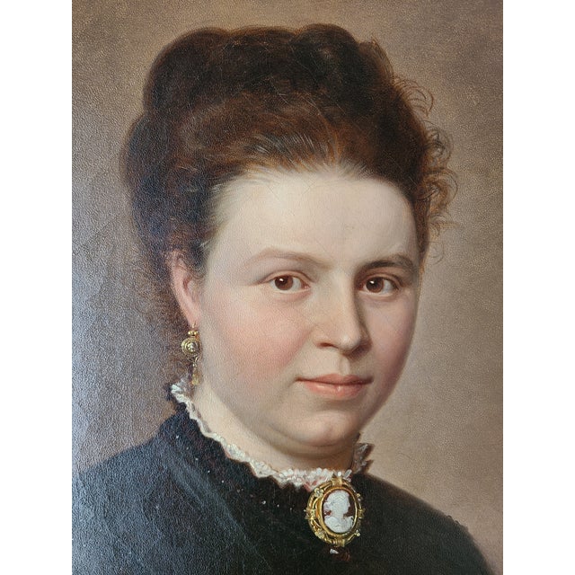 Realism Antique 19th Century German Oval Oil Painting Portrait of a Lady With a Cameo For Sale - Image 3 of 15