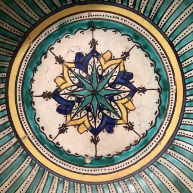 Moroccan Late 19th Century Large Moroccan Ceramic Wall Decor Plate Polychrome Handcrafted Hand Painted Glazed From Fez For Sale - Image 3 of 12