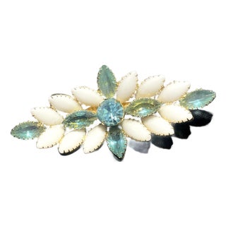 MCM Jewelry by DeLizza & Elster Styled Milk Glass Cabochon and Aquamarine Navette Brooch For Sale