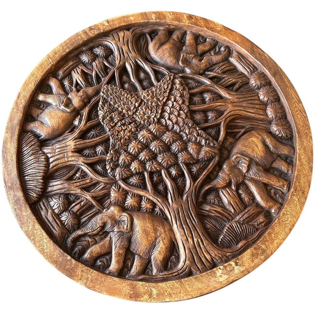 Brown Hand-Carved Wooden Elephant Table Set, Set of 5 For Sale - Image 8 of 9