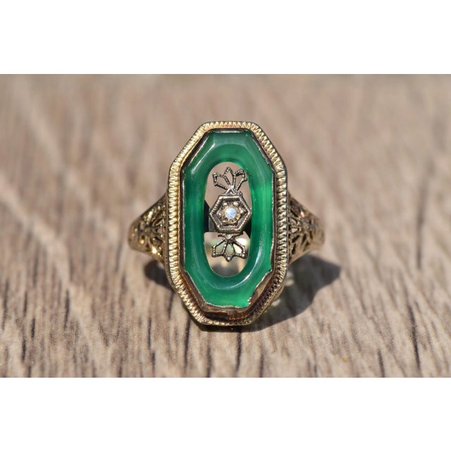 The Estelle Avenue: Antique Filigree Cocktail Ring set with Chalcedony and Diamond, Size 5.75 For Sale - Image 9 of 11