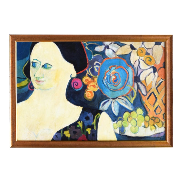 Vintage Mid Century Fauvist Portrait of a Woman Abstracted Floral Still Life For Sale