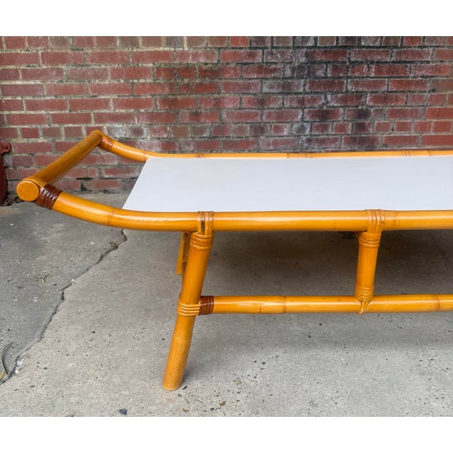 Wood Vintage John Wisner for Ficks Reed Style Pagoda Rattan Low Coffee Table / Bench For Sale - Image 7 of 11