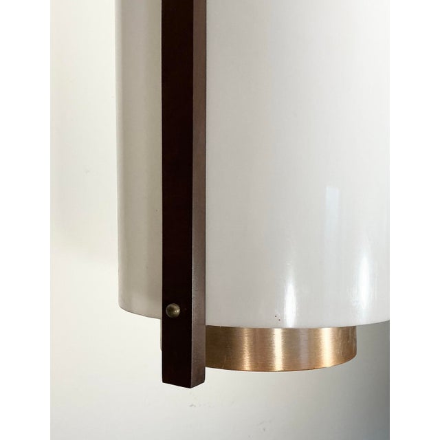 Vintage Hanging Light Pendant Light Fixture, 24” Cylinder White Acrylic Walnut Brass Accents, McFadden Lighting For Sale In Greenville, SC - Image 6 of 11