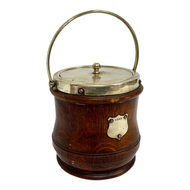 Antique English Oak Biscuit Barrel with Silver Trim For Sale