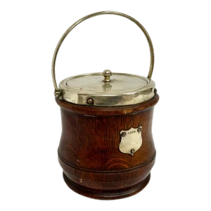 Antique English Oak Biscuit Barrel with Silver Trim