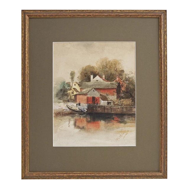 Watercolor Boat House Connecticut Artist David Birdsey Walkley Vintage Wall Art Gift For Sale