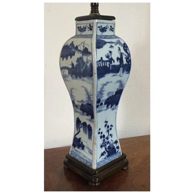 Antique 19th Century Chinese Blue & White Porcelain Vase Decorated With Figures in Landscape Representing the Four Seasons Mounted as a Lamp For Sale In New York - Image 6 of 11