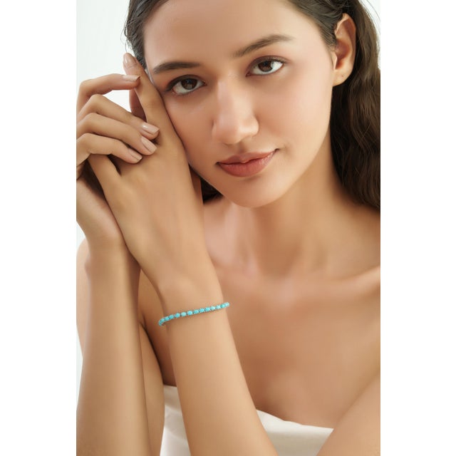 Sky Blue Handcrafted Vibrant Oval Cut 7.28 Ct Blue Turquoise Tennis Bracelet - December Birthstone Gift For Sale - Image 8 of 12