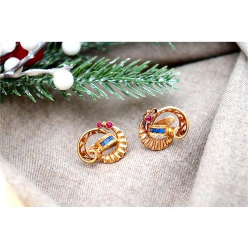 Gold Earrings with Art Deco Style Windings and Synthetic Stones, Set of 2 For Sale - Image 3 of 6