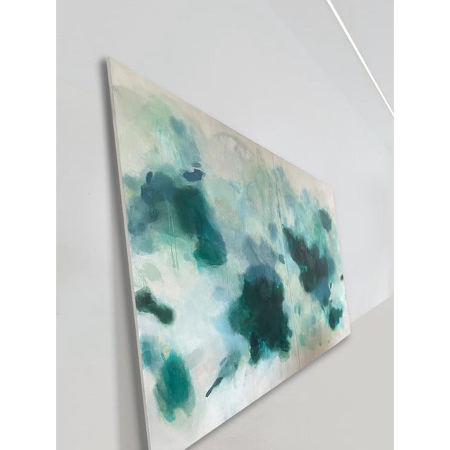 “But Still, You” Large Lyrical Abstraction Diptych Painting in Ethereal Greens and Blues by Stacey Warnix For Sale - Image 4 of 16