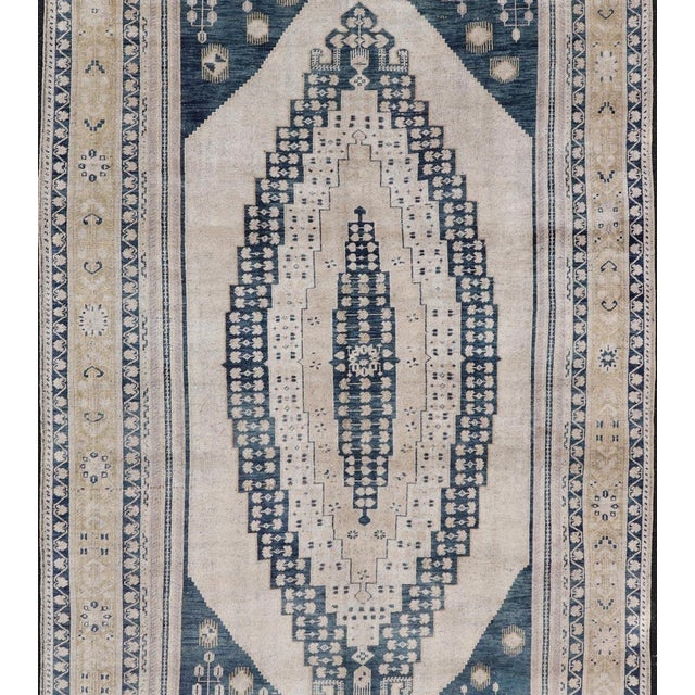 Elegant Vintage Turkish Oushak Rug With Intricate Blue & Beige Design 6'4" X 13' For Sale - Image 10 of 12