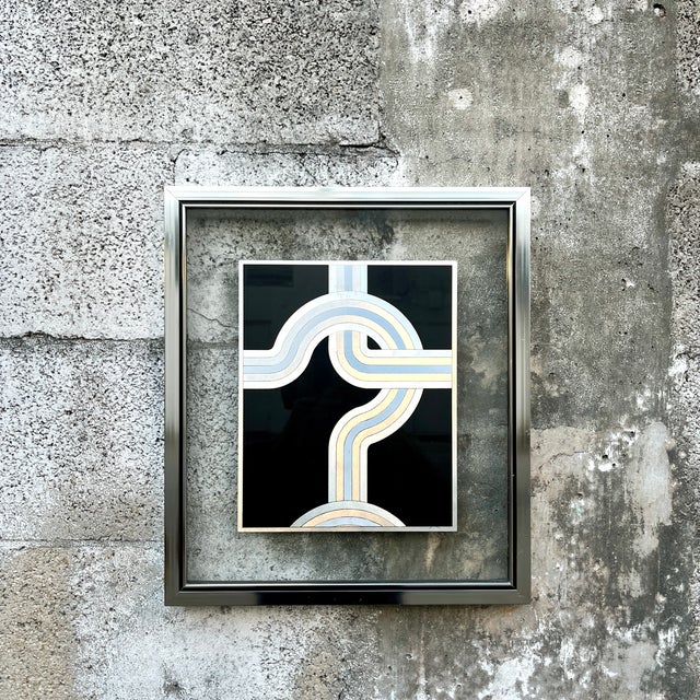 Vintage 1970s Op-Art Geometric Black and Silver Foil Framed Print. For Sale - Image 17 of 17