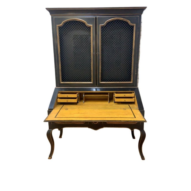 Black Vintage Louis XV Style Minton Spidell Drop-Front Hand Painted Secretary Cabinet For Sale - Image 8 of 9