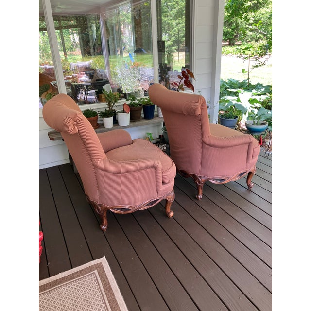 Textile Henredon Upholstered English Arm Carved Base Club Chairs- A Pair For Sale - Image 7 of 17