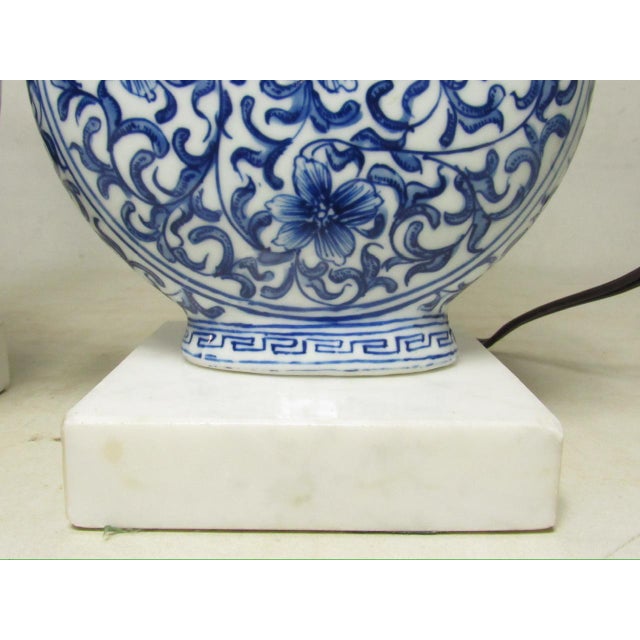 Ceramic Pair of Chinese Blue and White Porcelain Moon Flask Shaped Lamps For Sale - Image 7 of 15