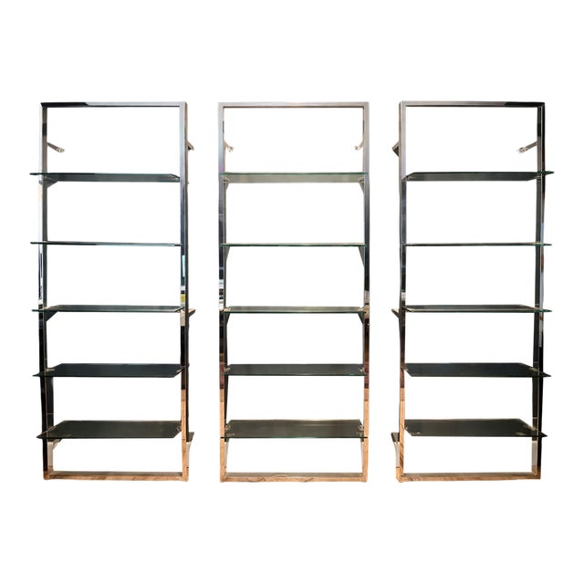 Late 20th Century Tall Modern Chrome and Glass Shelving Units - Set of 3 Architectural Display Etageres. For Sale