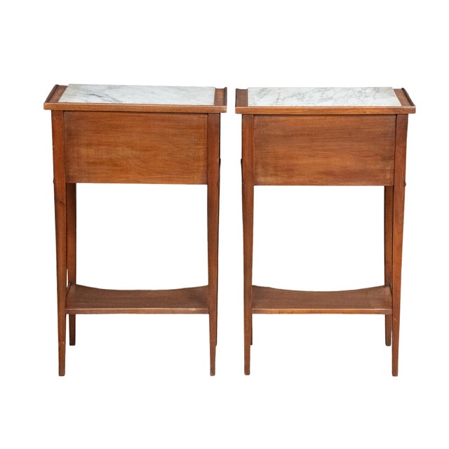 Pair of French Nightstands or Bedside Tables of Mahogany With Inset Marble Tops For Sale In Austin - Image 6 of 12