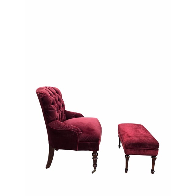 Antique French Napoleon III Button-Tufted Lounge Chair & Ottoman in Original Red Velvet An elegant antique French Napoleon...
