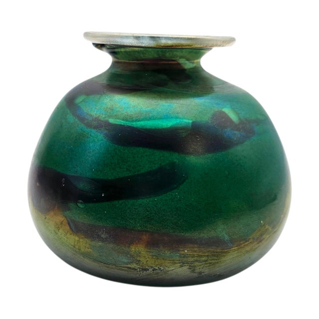 Contemporary Studio Art Glass Iridescent Green Hand-Blown Vase, 4.5" For Sale - Image 3 of 9