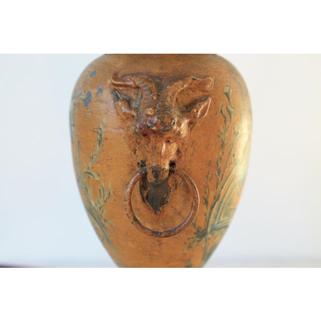 Brown Vintage Asian Style Hand Painted Urn Shape Table Lamp W/ Goat Head Motif For Sale - Image 8 of 18