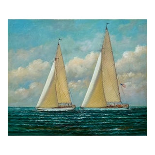 Yacht Racing Sailing Seascape Oil Painting on Canvas, Unstretched, by D. Tayler For Sale