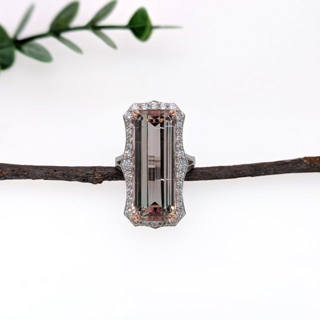 Modern 20Ct Pink Tourmaline Diamond Ring in Solid 14k Gold | 25x10mm Emerald Cut, Size 6.75 For Sale - Image 3 of 6