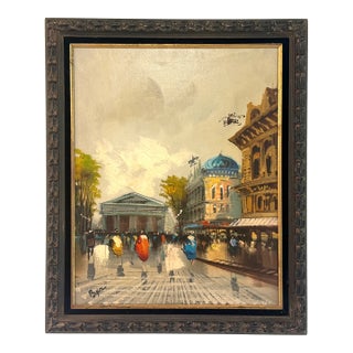Street of Paris Impressionist Painting Signed Oil on Canvas Original Frame For Sale