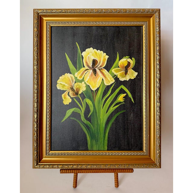 "Irises" Original Contemporary Botanical Oil Painting on Canvas With Black Background For Sale - Image 9 of 14