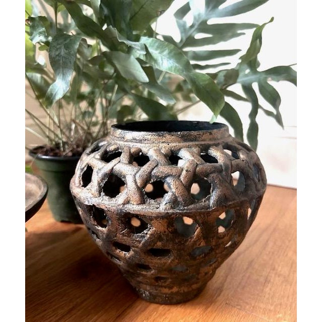 Japanese Vintage Japanese Ikebana Wrought Iron Basketweave Planter For Sale - Image 3 of 14