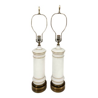 Mid 20th Century Columnar Frosted Glass and Brass Table Lamps - A Pair For Sale