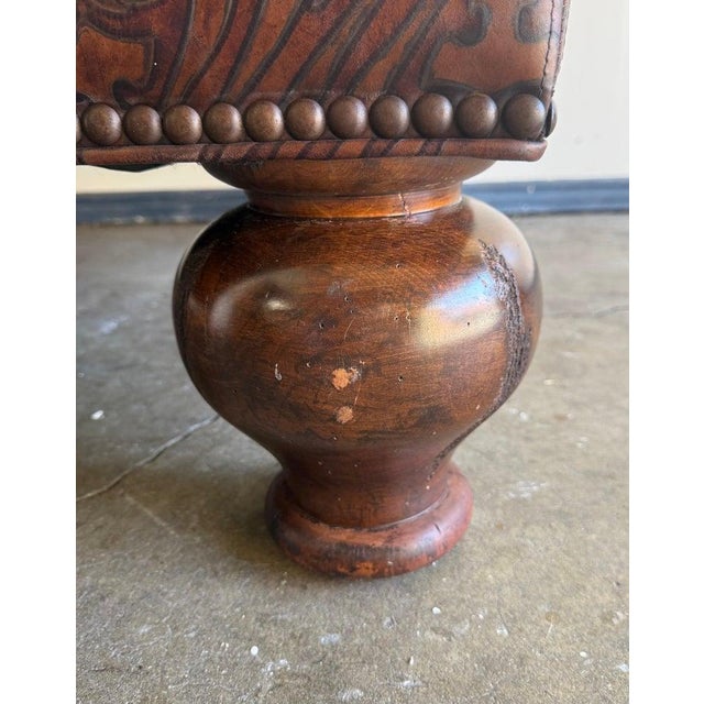 Brown Spanish Colonial Style Embossed Leather Ottoman With Bun Feet For Sale - Image 8 of 12