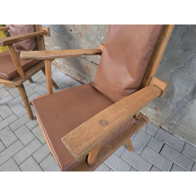 Vintage Rustic Oak Chairs with Leather Cushions, 1970s, Set of 2 For Sale - Image 9 of 18