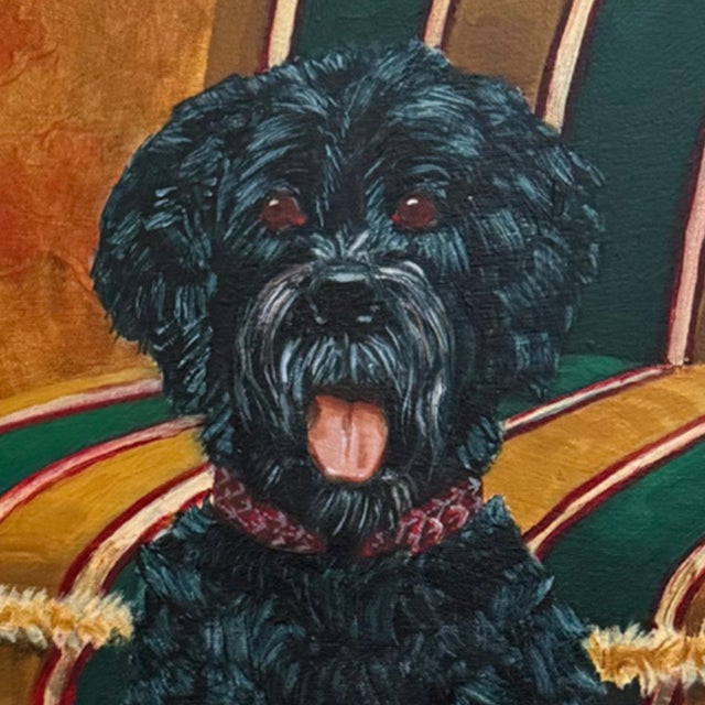 Pair of Large Original Oil Portraits of a Portuguese Water Dog on a Striped Bergère For Sale - Image 11 of 14