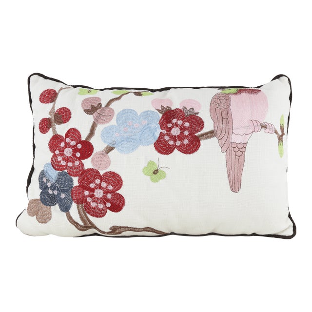 Floral Embroidered Bird and Blossom Pillow For Sale